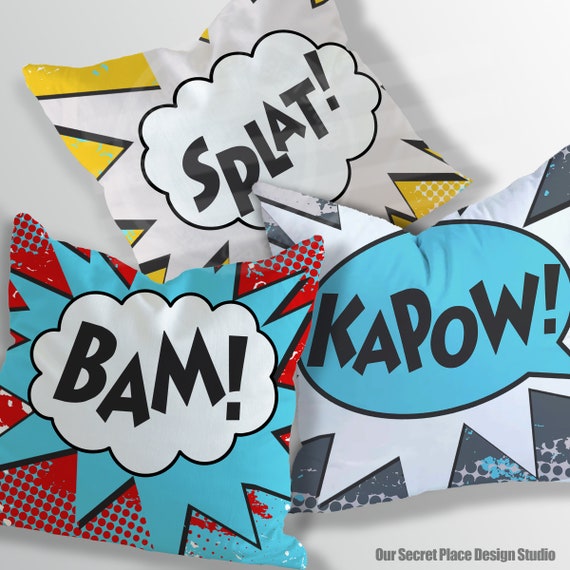 Kids Superhero Throw Pillow Superhero Decor Superhero Room Decor for Boys Room Comic Book Bedroom Comic Book Decor Comic Book Room Decor