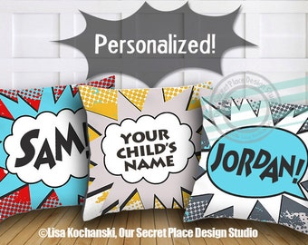 Gepersonaliseerde kussens voor kinderen jongens superheld gooien kussen superheld kussens jongens slaapkamer decor Comic Book kwekerij decor