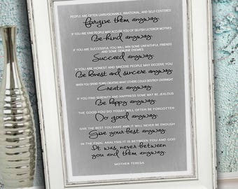 Do It Anyway Be Kind Sign Mother Teresa Print Inspirational Words to Live By Mother Theresa Quote Family Wall Art Signs for Living Room