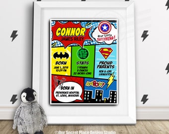 Kids Superhero Birth Announcement Baby Birth Stats Print Digital Nursery Wall Art Boys Room  Wall Decor Baby Name Art Comic Book Nursery