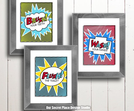 Digital Brush Wash Flush Kids Bathroom Wall Decor Superhero Etsy