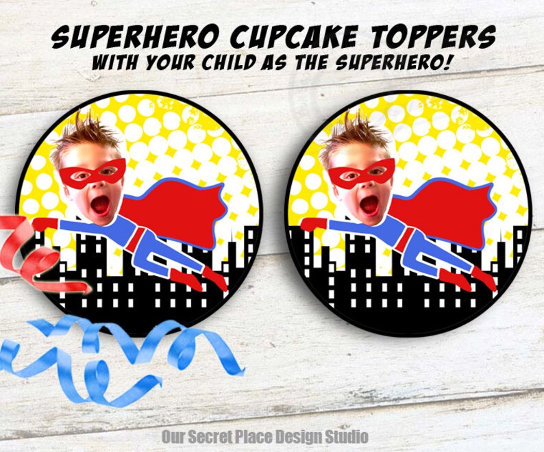 Kids Photo Digital Cupcake Toppers Boy Superhero Birthday Etsy Canada