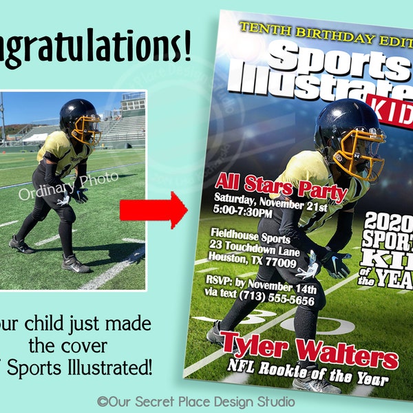 Kids Birthday Party Invite Kids Football Invitation Boys Sports Illustrated Photo Invitation Children Birthday Invitations Kids Photo Invite