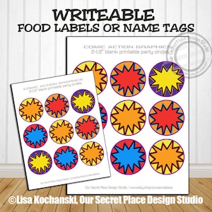 May include: Printable 2.5 inch blank circle labels with a comic book style starburst design in red, yellow, orange, and blue. The labels are perfect for food labels or name tags.