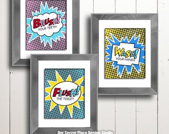 Arte digital para parede de banheiro infantil, arte para parede de banheiro para crianças, regras de super-heróis, arte para parede de banheiro para crianças