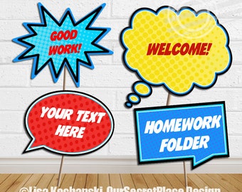 INSTANT DOWNLOAD Large Editable Classroom Signs Printable Classroom Signs Editable Speech Bubbles Staff Appreciation Superhero Classroom