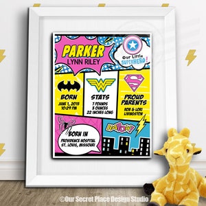 Estadísticas de nacimiento de superhéroes Signo de nacimiento de bebés Superhéroe Arte de pared Anuncio de nacimiento de bebés Carteles de nacimiento de bebés Regalo de nacimiento de bebés Superhéroe Baby Shower