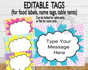 INSTANT DOWNLOAD Editable Superhero Food Labels Girl Superhero Party Decoration Girl Superhero Name Tags Editable Superhero Food Tents