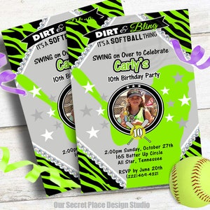 May include: Green and black zebra print softball birthday party invitation with a photo of a girl holding a softball bat and trophy. The invitation says "Dirt & Bling It's a Softball Thing" and "Swing on Over to Celebrate Carly's 10th Birthday Party".