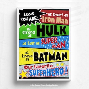 Impressão personalizada de arte de parede para meninos, decoração de super-heróis, sinal personalizado para quarto de meninos, decoração de berçário de super-heróis, impressões para quarto de crianças