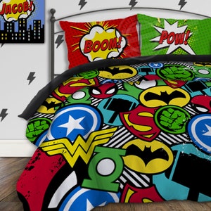 Funda nórdica para niños, juego de cama de superhéroes, edredón para niños, juego de cama Twin XL, decoración de habitación de superhéroes para niños pequeños, ropa de cama de cómics, guardería de superhéroes