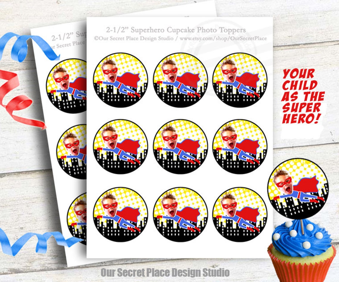 Kids Photo Digital Cupcake Toppers Boy Superhero Birthday - Etsy