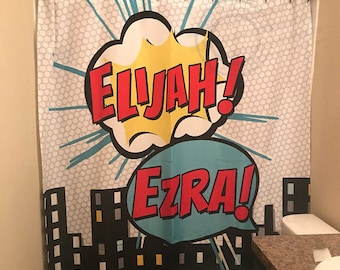 Superhero Shower Curtain Personalized Kids Shower Curtain Sibling Shower Curtain Kids Personalized Gifts for Kids Superhero Bathroom Decor