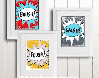 Arte de parede de banheiro de super-heróis, arte de parede de banheiro infantil, decoração de banheiro de super-heróis, sinais de banheiro para crianças, arte de parede de banheiro