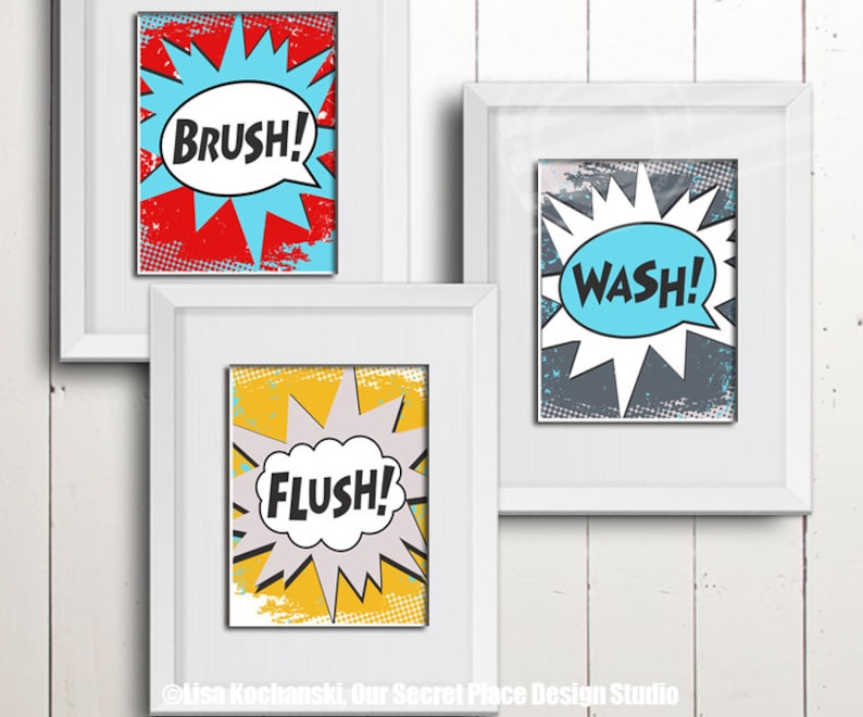 Superhero Bathroom Wall Art Kids Bathroom Wall Art Superhero Etsy UK
