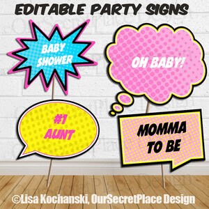 DIGITAL DOWNLOAD Editable Superhero Baby Shower Signs Superhero Party Signs Editable Speech Bubbles Super hero Baby Shower Signs