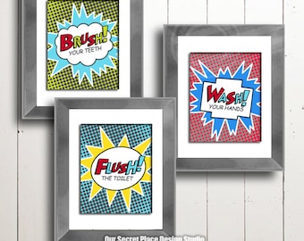 Toddler Kids Bathroom Prints Brush Your Teeth Wash Your Hands Flush the Toilet Kids Bathroom Signs Kids Bathroom Wall Decor for Kids