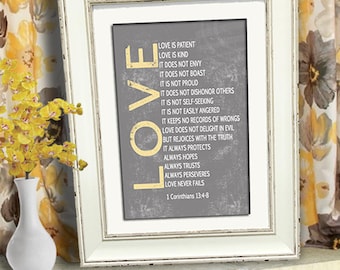 PRINT Love Is Patient Love is Kind Sign 1 Corinthians 13 Sign Yellow and Gray Wall Art Gray and Yellow Wall Art Love Never Fails Sign