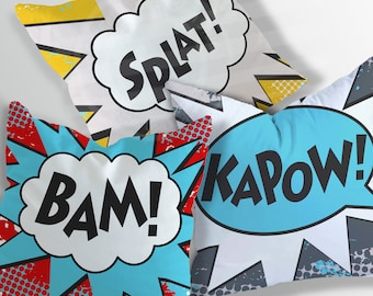 Juego de fundas de almohada de superhéroes (¡BAM! ¡PLAF! ¡KAPOW!) - Decoración infantil de cómics