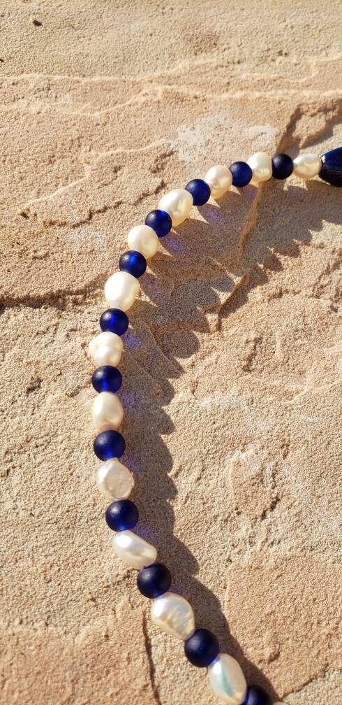 Pearl beaded necklace with blue frosted glass beads and | Etsy