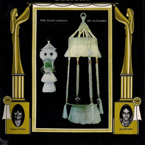 May include: Two macrame plant hangers, one shaped like an owl and the other a hanging basket, with a white background. The owl plant hanger is labelled "Owl Plant Hanger" and the hanging basket is labelled "Mr. Elegance".