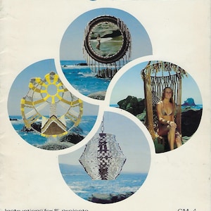 May include: A book cover with the title "New Ideas... With Macrame" in yellow and blue letters. The cover features four circular images of macrame projects against a white background. The images show a round mirror, a hanging lamp, a wall hanging, and a hammock.