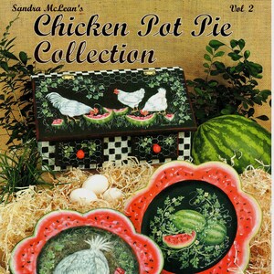 May include: Two watermelon-shaped plates with painted scenes of chickens and watermelon slices. The plates are on a bed of straw with a wooden box and a whole watermelon in the background. The title "Chicken Pot Pie Collection Vol. 2" is at the top of the image.