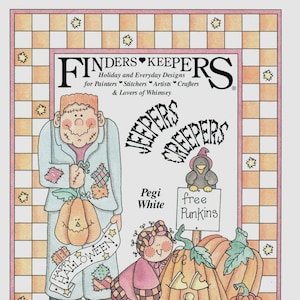 May include: A Halloween-themed cross-stitch pattern featuring a patchwork scarecrow holding a pumpkin, a girl doll with a pumpkin, and a sign that reads "free punkins". The pattern is from Finders Keepers, a company that creates holiday and everyday designs for painters, stitchers, artists, and crafters.