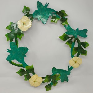 Vintage Hand Painted Green Metal Tin Floral Wreath Haitian Folk Art Made in Haiti