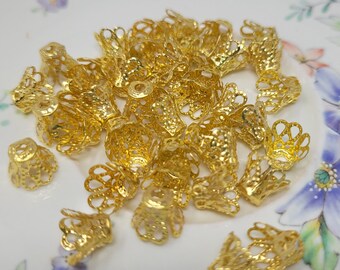 Pack of 36 Gold Tone Metal Filigree Tulip Bead Bell Caps 8mm Vintage Victorian Beading