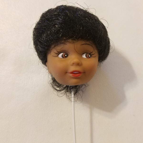 Pack of 3 Vintage Small Vinyl Black African American Woman Female Girl Doll Heads on Wire Pick Stem for Craft Doll Making