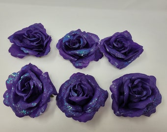 Pack of 6 Vintage Iridescent Glittery Rose Heads Large 4" inch Artificial Flowers