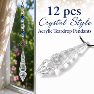 May include: A set of 12 pieces of crystal style acrylic teardrop pendants. The pendants are clear, faceted, and pointed. One pendant is shown hanging from a silver-toned metal chain with blue and clear beads, and another is on a black cord.