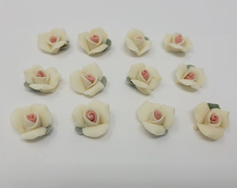 12 pcs Porcelain Ceramic Bisque Roses with Leaves Rosebuds Vintage Cabochons Cameos 16mm