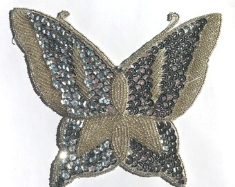 Silver Flying Butterfly Beaded Sequined Sew-On Sewing Applique Craft Patch VTG Silver Flying Butterfly Beaded Sequined Sew-On Sewing Applique Craft Patch VTG