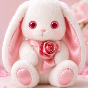 Puede incluir: Un peluche de conejo blanco con orejas largas, grandes ojos rosas brillantes, una peque&ntilde;a nariz rosa y pelaje suave. El conejo lleva una cinta de sat&eacute;n rosa alrededor del cuello adornada con una rosa de tela a juego y tiene almohadillas de sat&eacute;n.