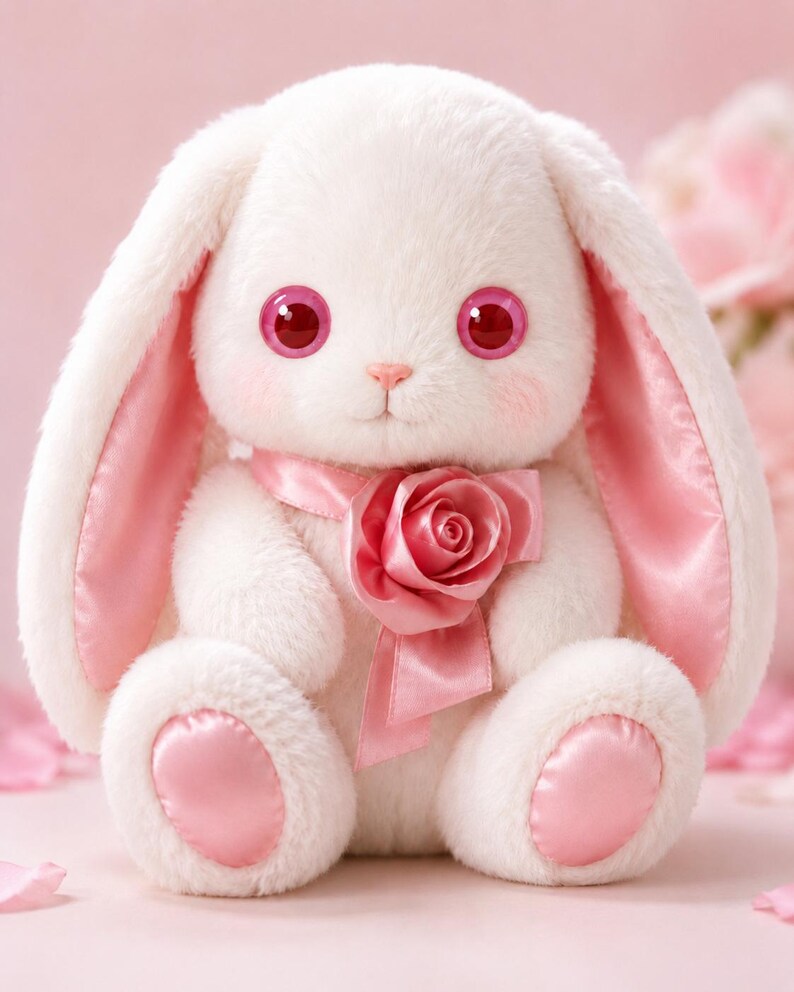 Puede incluir: Un peluche de conejo blanco con orejas largas, grandes ojos rosas brillantes, una peque&ntilde;a nariz rosa y pelaje suave. El conejo lleva una cinta de sat&eacute;n rosa alrededor del cuello adornada con una rosa de tela a juego y tiene almohadillas de sat&eacute;n.