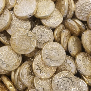 Pack of 50 Gold Aztec Sun Faux Coins Flat Round 25mm Resin Beads for Jewelry, Beading, Crafts