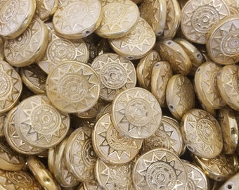 Pack of 50 Gold Aztec Sun Faux Coins Flat Round 25mm Resin Beads for Jewelry, Beading, Crafts