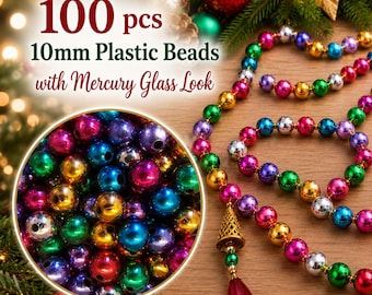 100 Mercury Glass Look Beads - 10mm Round Metallic Plastic Beads for Christmas Ornaments & Garlands - Vintage Style - Choose Color