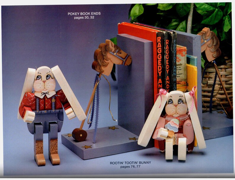May include: Wooden bunny bookends and a horse-themed bookend with books. The bunny figures are painted with details like overalls and bows. The text "POKEY BOOK ENDS" and "ROOTIN' TOOTIN' BUNNY" are visible.