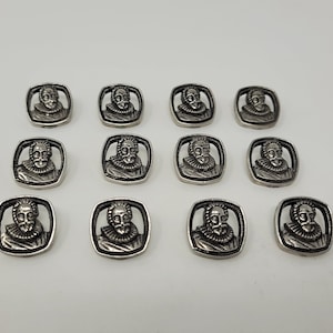 12 pcs William Shakespeare Head Silver or Gold Molded Plastic Sewing Shank Buttons Square Vintage
