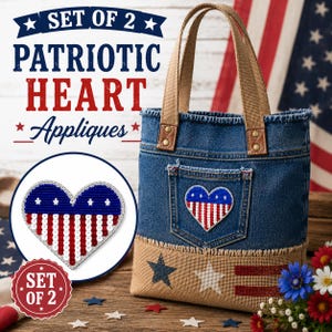 May include: A set of two heart-shaped appliques featuring a blue top section with white stars and a red and white striped bottom section. The appliques are shown attached to a blue denim tote bag with tan burlap trim and a matching heart applique.
