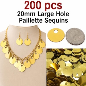 Vintage 20mm Large Hole Gold Paillette Sequins – 200 pcs – Large 5mm Hole Flat Round Spangles for Dance Costumes, Jewelry, Sewing & Crafts