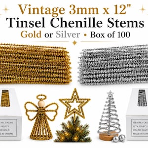 Vintage Gold or Silver Tinsel Chenille Stems 3mm x 12" Box of 100 Metallic Pipe Cleaners Christmas Craft Supplies