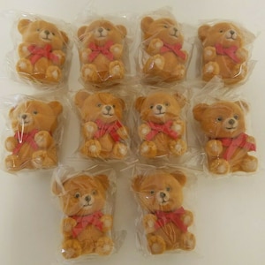Lot of 10 Vintage Darice 3&quot; Tall Flocked Fuzzy Teddy Bears with Red Bow Tie