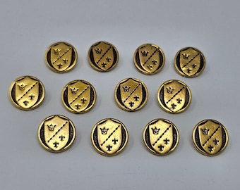 12 pcs Gold Royal Shield with Crown & Fleur de Lis Molded Plastic Sewing Buttons 15mm Round Vintage