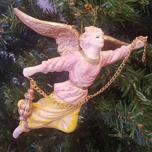 Lot of 3 Vintage 5&quot; Painted Plaster Faux Antiqued Flying Angel Craft Christmas Ornaments