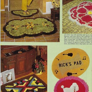 May include: A collection of shag rugs in various shapes and designs. One rug is green with brown trim and floral accents. Another is red with white trim. A third rug has the text "RICK'S PAD".