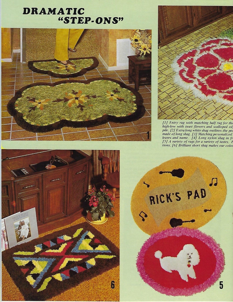 May include: A collection of shag rugs in various shapes and designs. One rug is green with brown trim and floral accents. Another is red with white trim. A third rug has the text "RICK'S PAD".